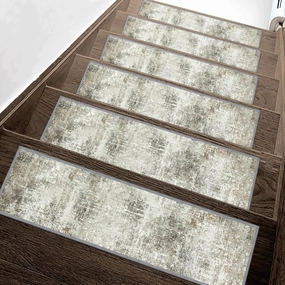 Carpet Stair Treads Non Slip 15PCS, 8" X 30" Edging Stair Runner for Wooden Steps Indoor, Resistant Stair Rugs with Reusable TPE Adhesive Backing, Residue Mat for Elders, Pets, Ashstone/Grey