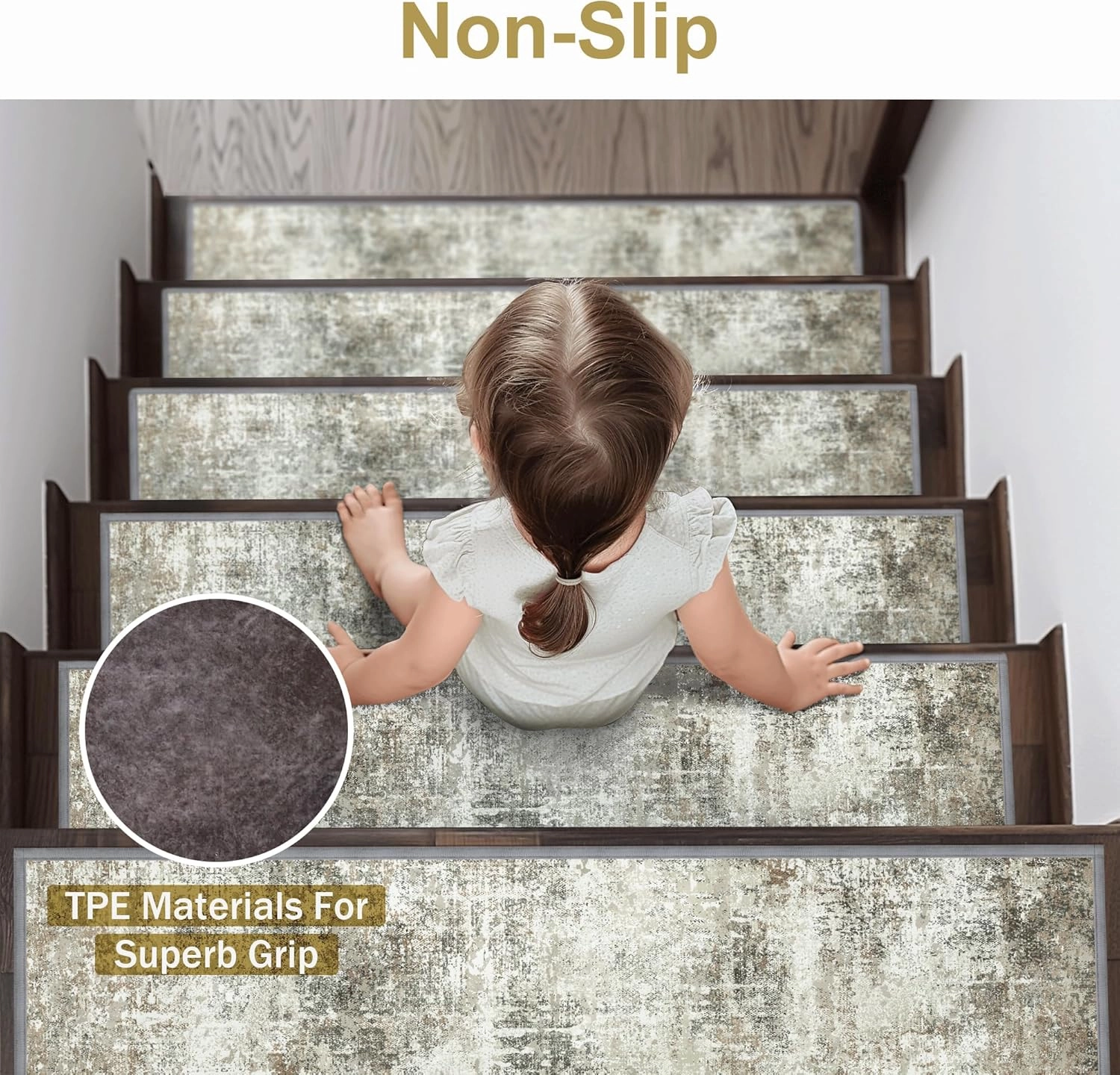 Carpet Stair Treads Non Slip 15PCS, 8" X 30" Edging Stair Runner for Wooden Steps Indoor, Resistant Stair Rugs with Reusable TPE Adhesive Backing, Residue Mat for Elders, Pets, Ashstone/Grey