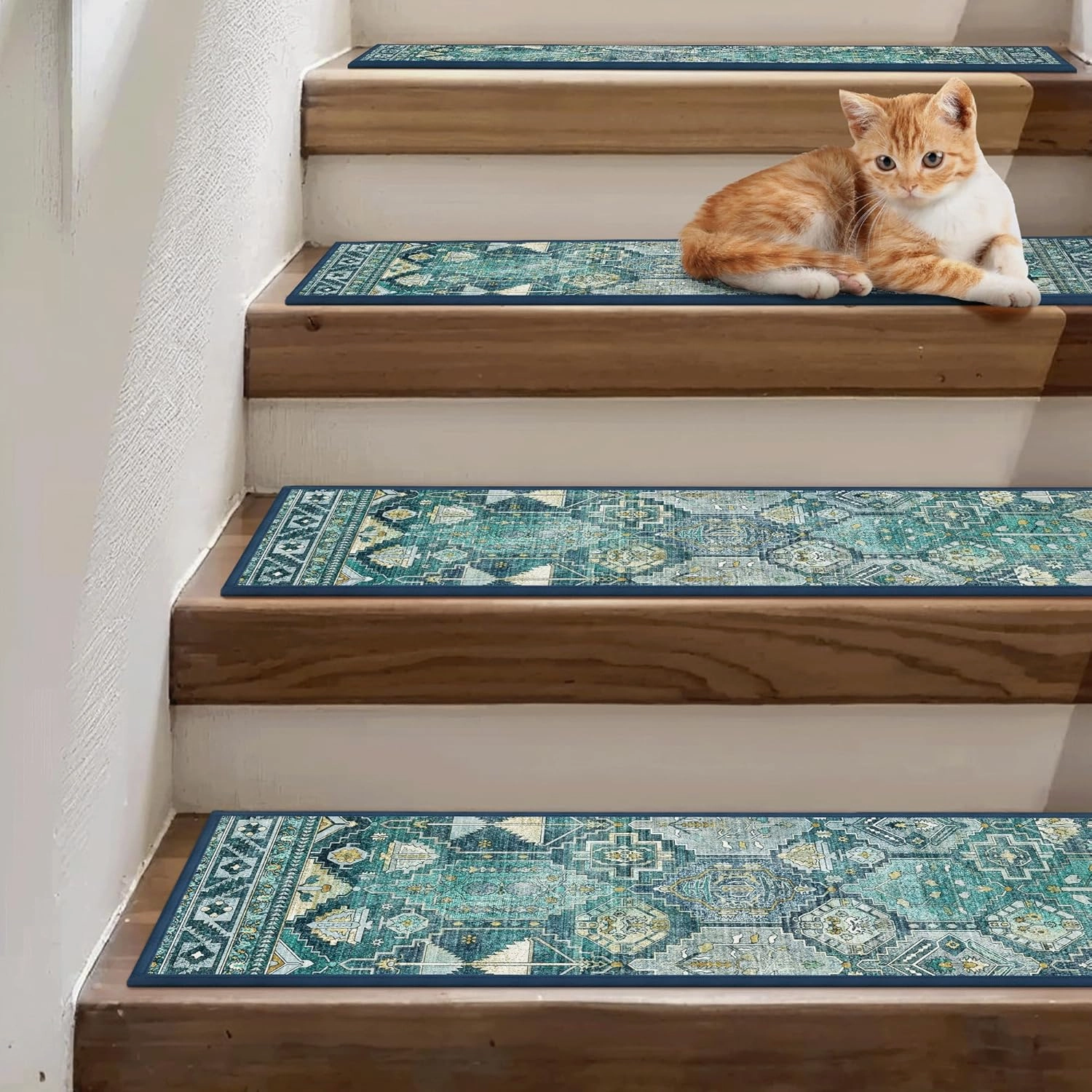 Carpet Stair Treads Non Slip 15PCS, 8" X 30" Edging Stair Runner for Wooden Steps Indoor, Resistant Stair Rugs with Reusable TPE Adhesive Backing, Residue Mat for Elders, Pets, Emerald/Gold