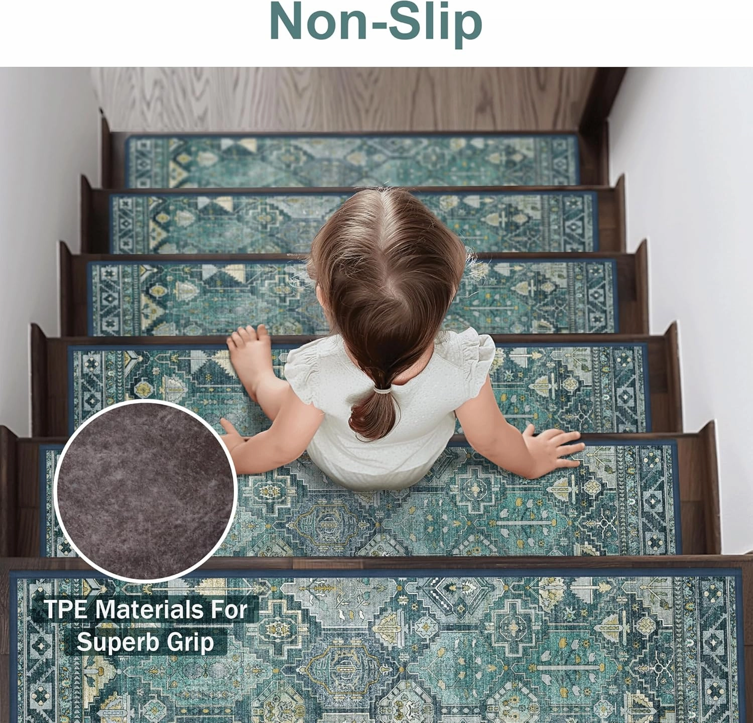 Carpet Stair Treads Non Slip 15PCS, 8" X 30" Edging Stair Runner for Wooden Steps Indoor, Resistant Stair Rugs with Reusable TPE Adhesive Backing, Residue Mat for Elders, Pets, Emerald/Gold