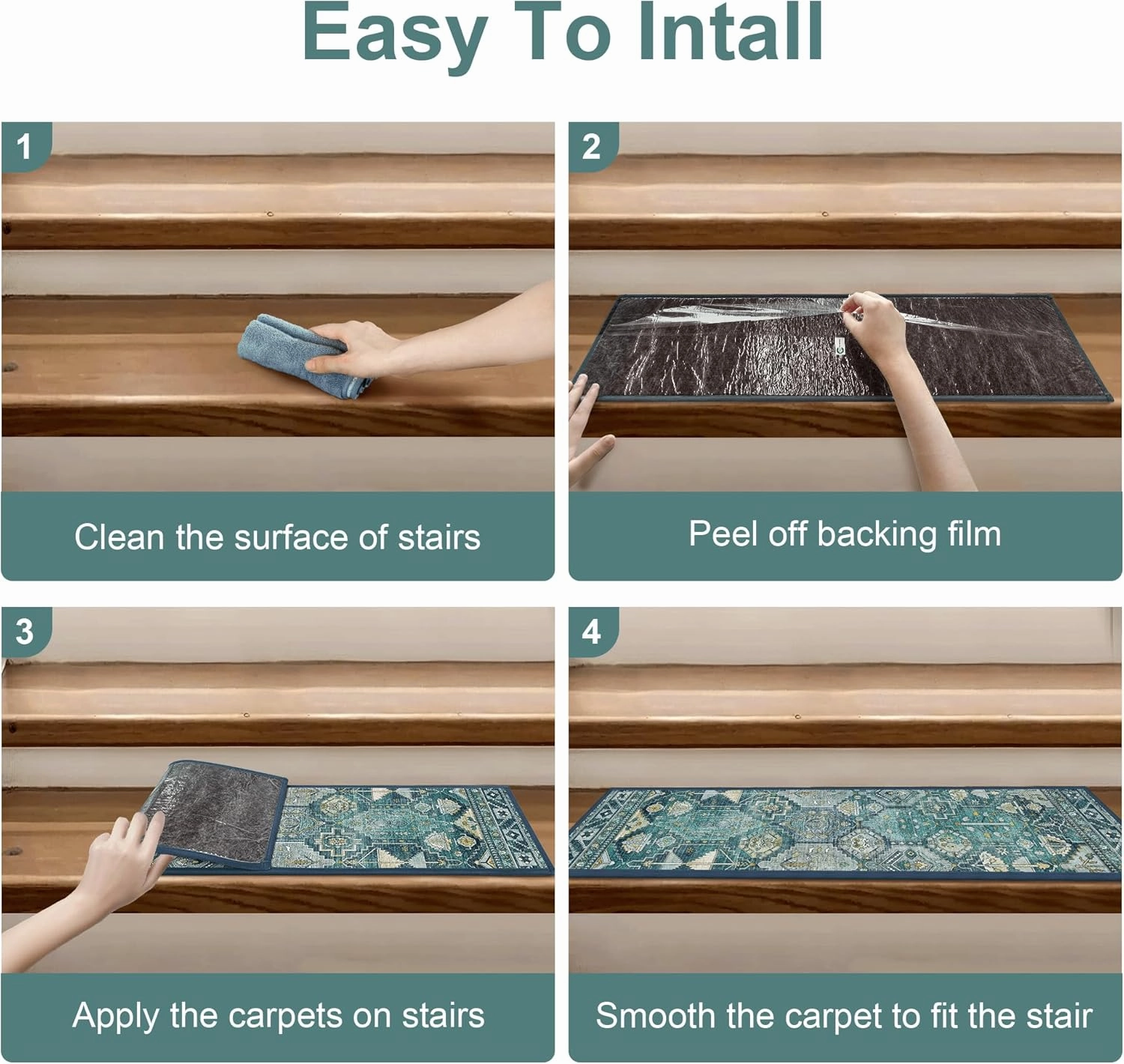 Carpet Stair Treads Non Slip 15PCS, 8" X 30" Edging Stair Runner for Wooden Steps Indoor, Resistant Stair Rugs with Reusable TPE Adhesive Backing, Residue Mat for Elders, Pets, Emerald/Gold