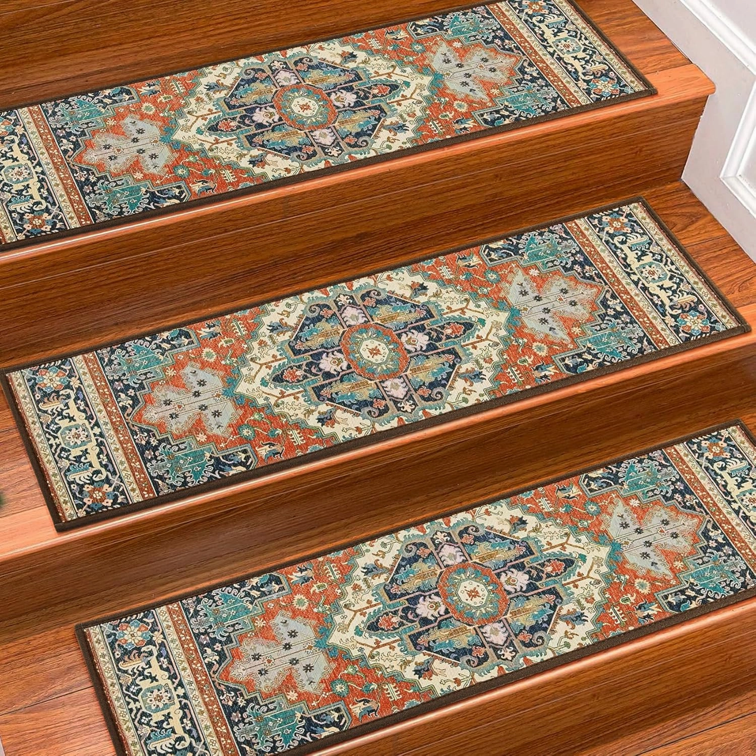 Carpet Stair Treads Non Slip for Wooden Steps, 30inch X 8inch Staircase Step Treads Indoor for Dogs, Reusable Stair Carpet Runner with TPR Adhesive, Oriental Carpet for Stairs