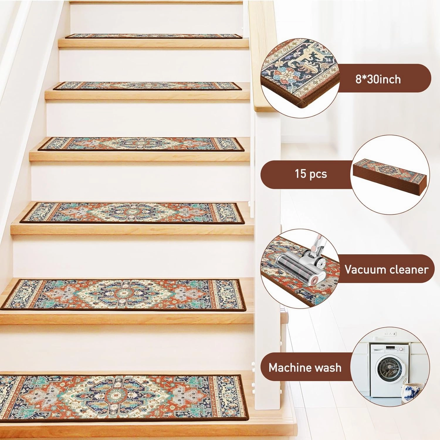 Carpet Stair Treads Non Slip for Wooden Steps, 30inch X 8inch Staircase Step Treads Indoor for Dogs, Reusable Stair Carpet Runner with TPR Adhesive, Oriental Carpet for Stairs