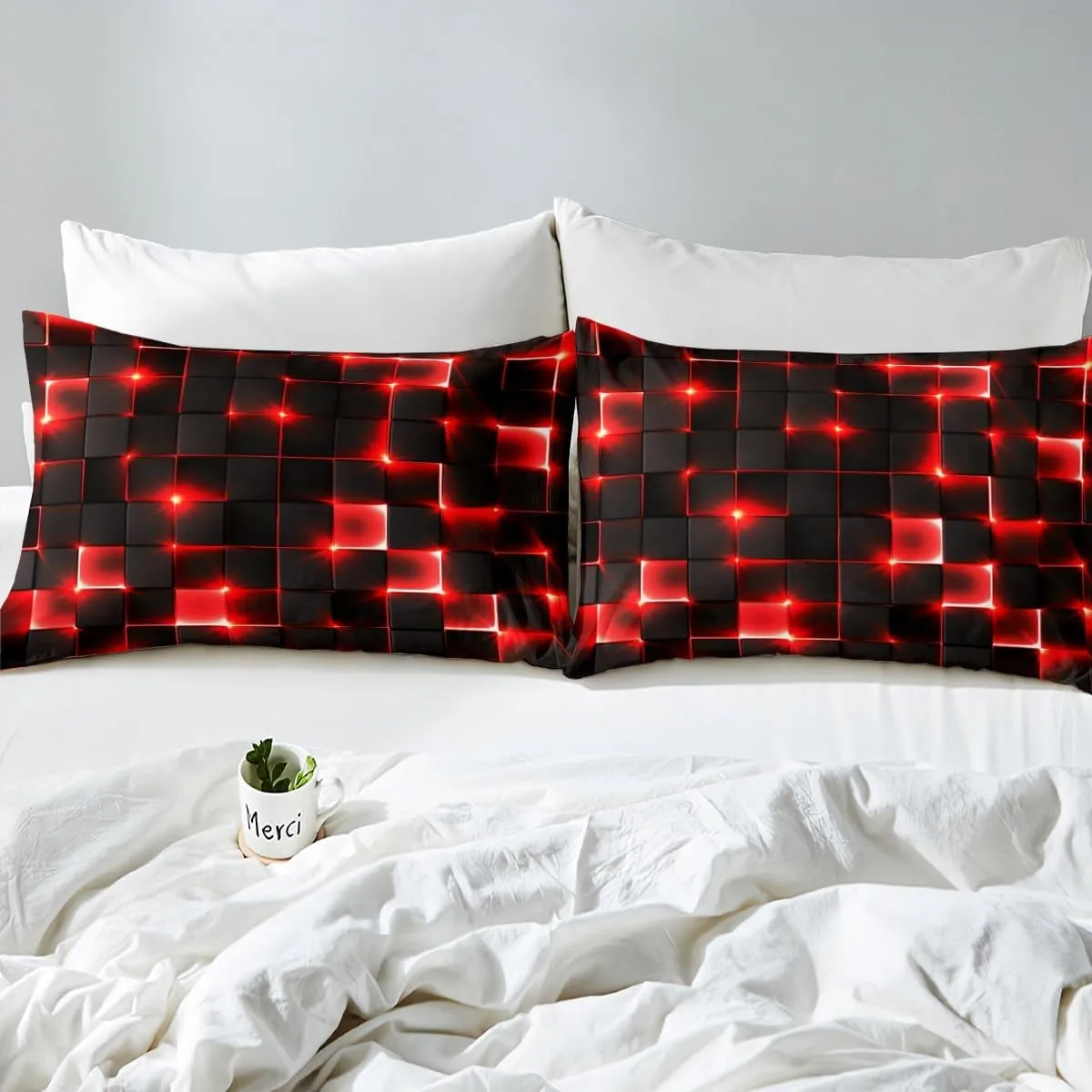 Castle Fairy Abstract Bedding Set Twin Size,3D Modern Cool Geometric Grid Square Comforter Cover Set for Kids Girls,Shiny Red Neon Light Black Bedding Quilt Cover Set Bedroom Decor, 2 Pcs