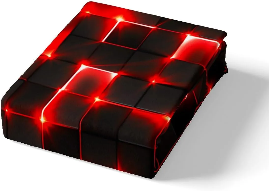 Castle Fairy Abstract Bedding Set Twin Size,3D Modern Cool Geometric Grid Square Comforter Cover Set for Kids Girls,Shiny Red Neon Light Black Bedding Quilt Cover Set Bedroom Decor, 2 Pcs
