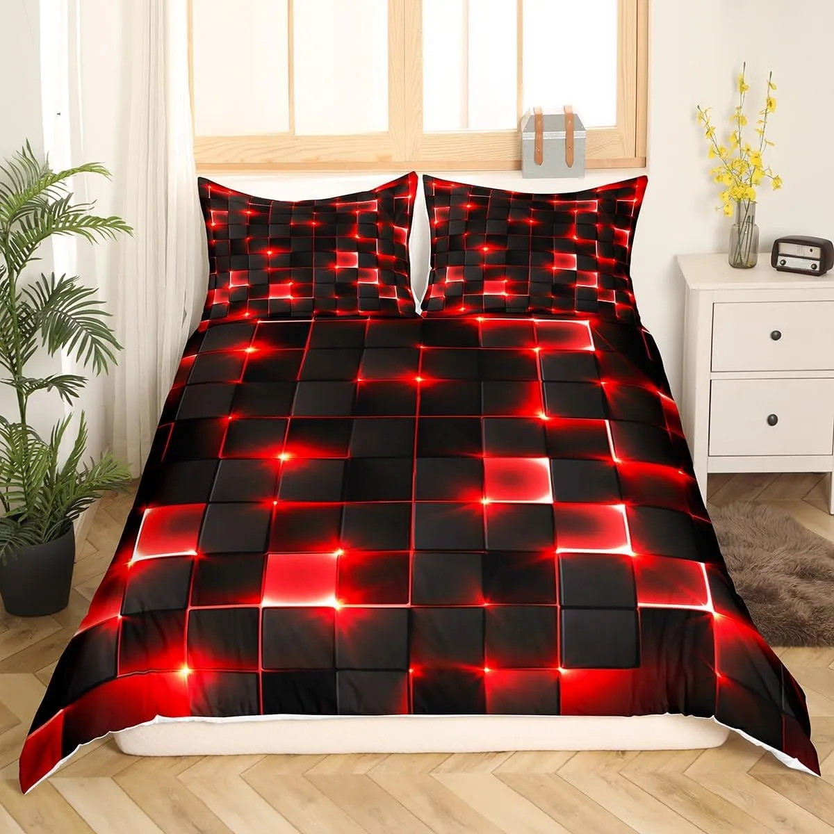 Castle Fairy Abstract Bedding Set Twin Size,3D Modern Cool Geometric Grid Square Comforter Cover Set for Kids Girls,Shiny Red Neon Light Black Bedding Quilt Cover Set Bedroom Decor, 2 Pcs