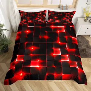 Castle Fairy Abstract Bedding Set Twin Size,3D Modern Cool Geometric Grid Square Comforter Cover Set for Kids Girls,Shiny Red Neon Light Black Bedding Quilt Cover Set Bedroom Decor, 2 Pcs