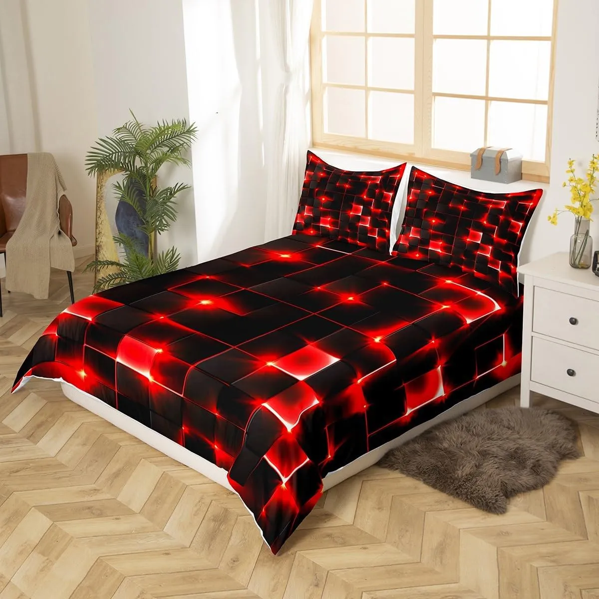Castle Fairy Abstract Bedding Set Twin Size,3D Modern Cool Geometric Grid Square Comforter Cover Set for Kids Girls,Shiny Red Neon Light Black Bedding Quilt Cover Set Bedroom Decor, 2 Pcs