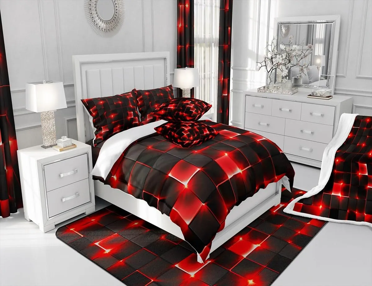 Castle Fairy Abstract Bedding Set Twin Size,3D Modern Cool Geometric Grid Square Comforter Cover Set for Kids Girls,Shiny Red Neon Light Black Bedding Quilt Cover Set Bedroom Decor, 2 Pcs