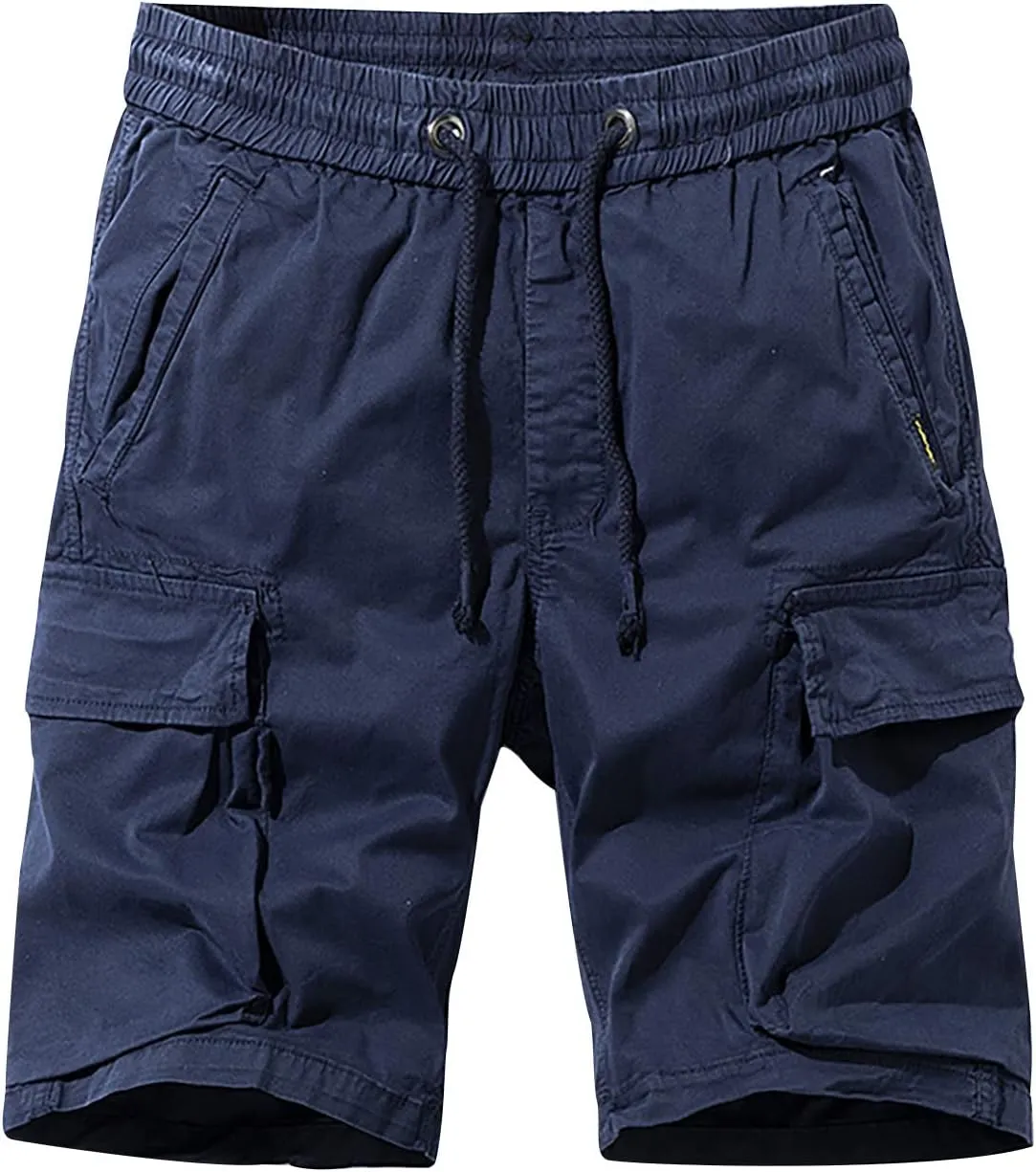 Casual Shorts for Men 2023 Cotton Drawstring Solid Cargo Shorts Multi Pockets Loose Elastic Waist Tooling Shorts