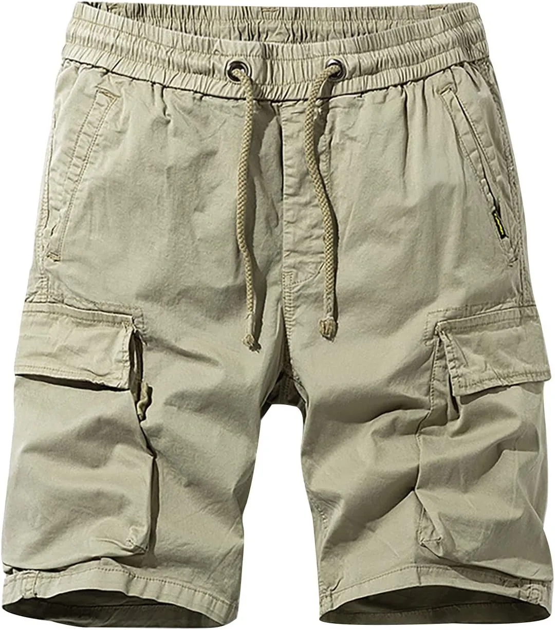 Casual Shorts for Men 2023 Cotton Drawstring Solid Cargo Shorts Multi Pockets Loose Elastic Waist Tooling Shorts