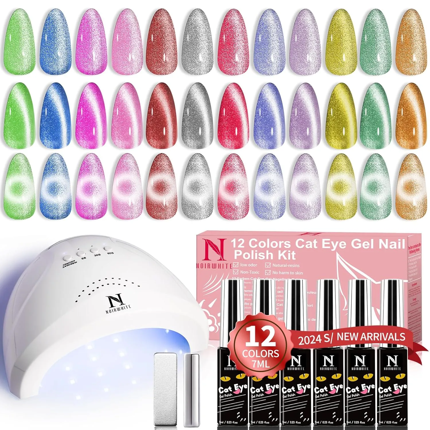 Cat Eye Gel Nail Polish Kit with UV Light，12 Colors Glitter Pink Red Purple Green Blue Gold Shimmer Colors Gel Nail Polish with Magnet Top Base Coat Nail Art Manicure Salon DIY Home Gifts
