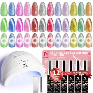 Cat Eye Gel Nail Polish Kit with UV Light，12 Colors Glitter Pink Red Purple Green Blue Gold Shimmer Colors Gel Nail Polish with Magnet Top Base Coat Nail Art Manicure Salon DIY Home Gifts