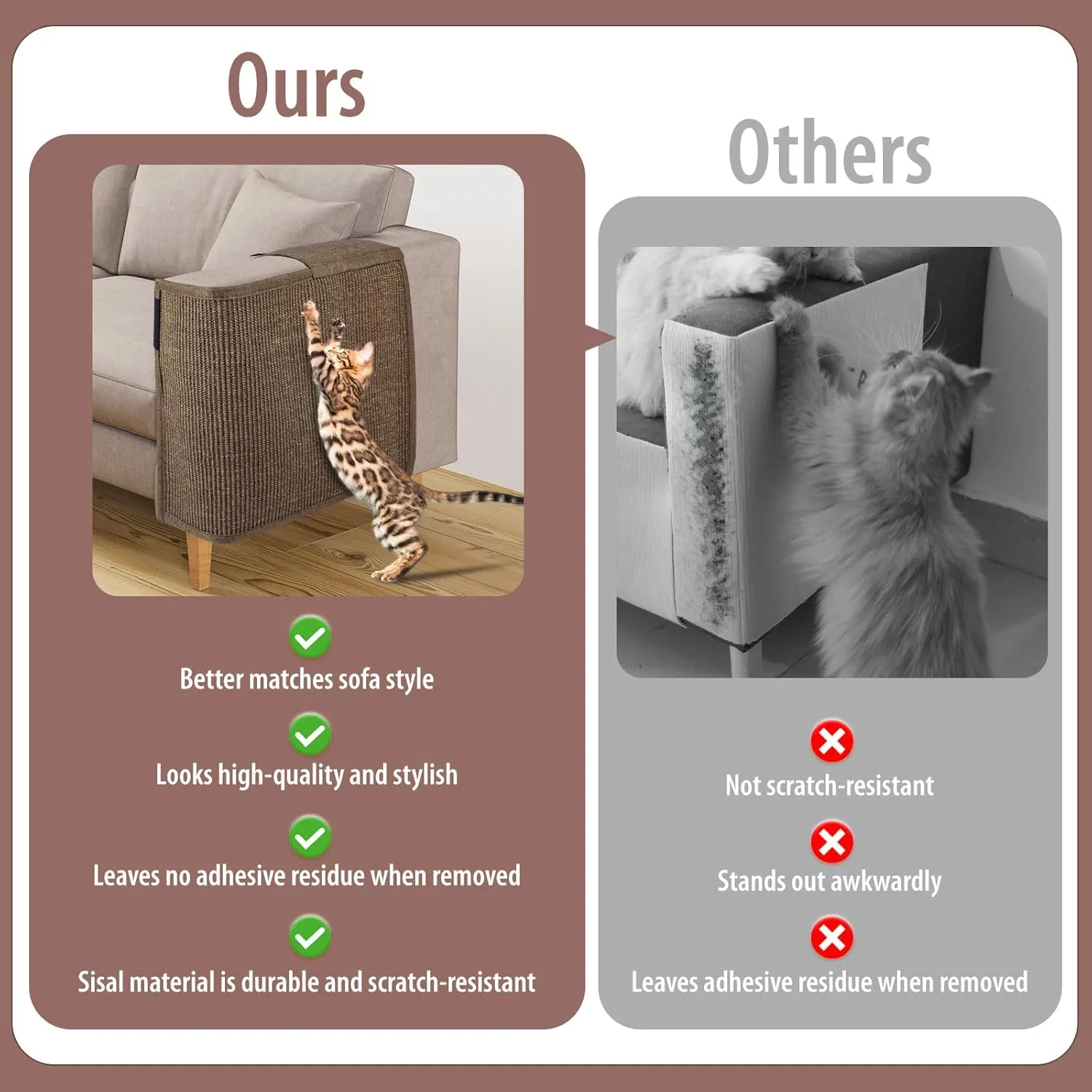 Cat Scratch Sofa Protector, 27.5x19.8 Inch Couch Protector Pad with Natural Sisal, Non-Slip Couch Arm Shield for Cats, Durable Scratch Guard for Sofa Chair and Couch Dual-Side Design (Left Hand)