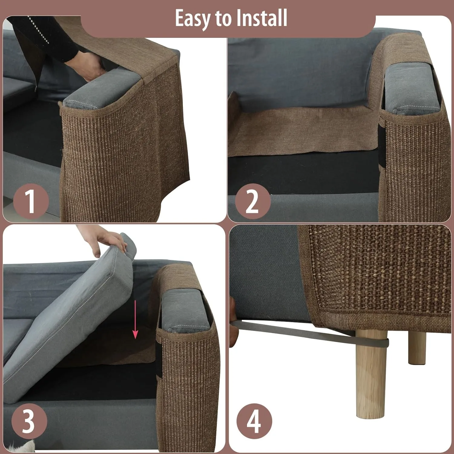 Cat Scratch Sofa Protector, 27.5x19.8 Inch Couch Protector Pad with Natural Sisal, Non-Slip Couch Arm Shield for Cats, Durable Scratch Guard for Sofa Chair and Couch Dual-Side Design (Left Hand)
