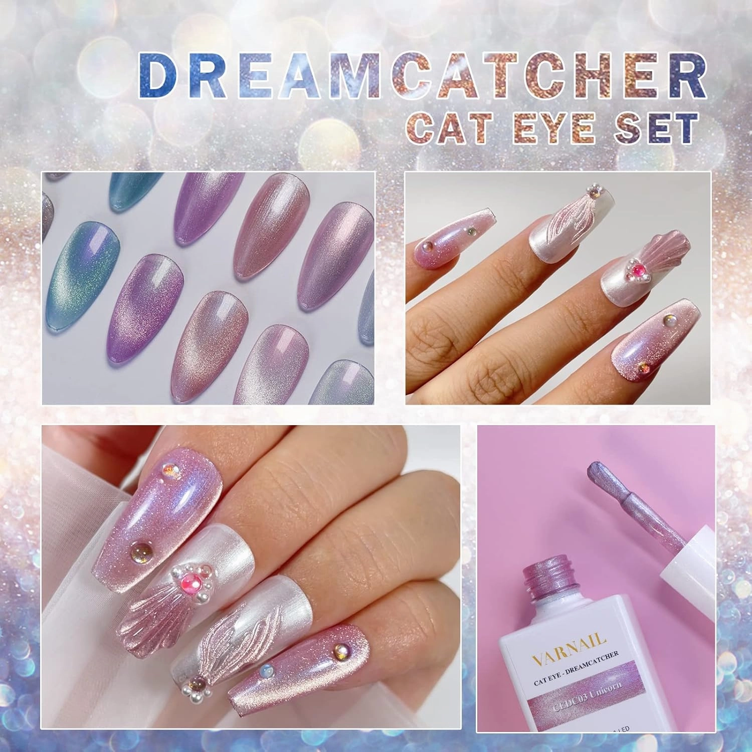 Cat Eye Gel Polish Kit 6 Colors, 15ML Glitter 9D Holographic Gel Polish with Magnet, Soak off U V Light Gel Nail Polish Set, Salon Magnetic Gel Nail Polish (Dreamcatcher)