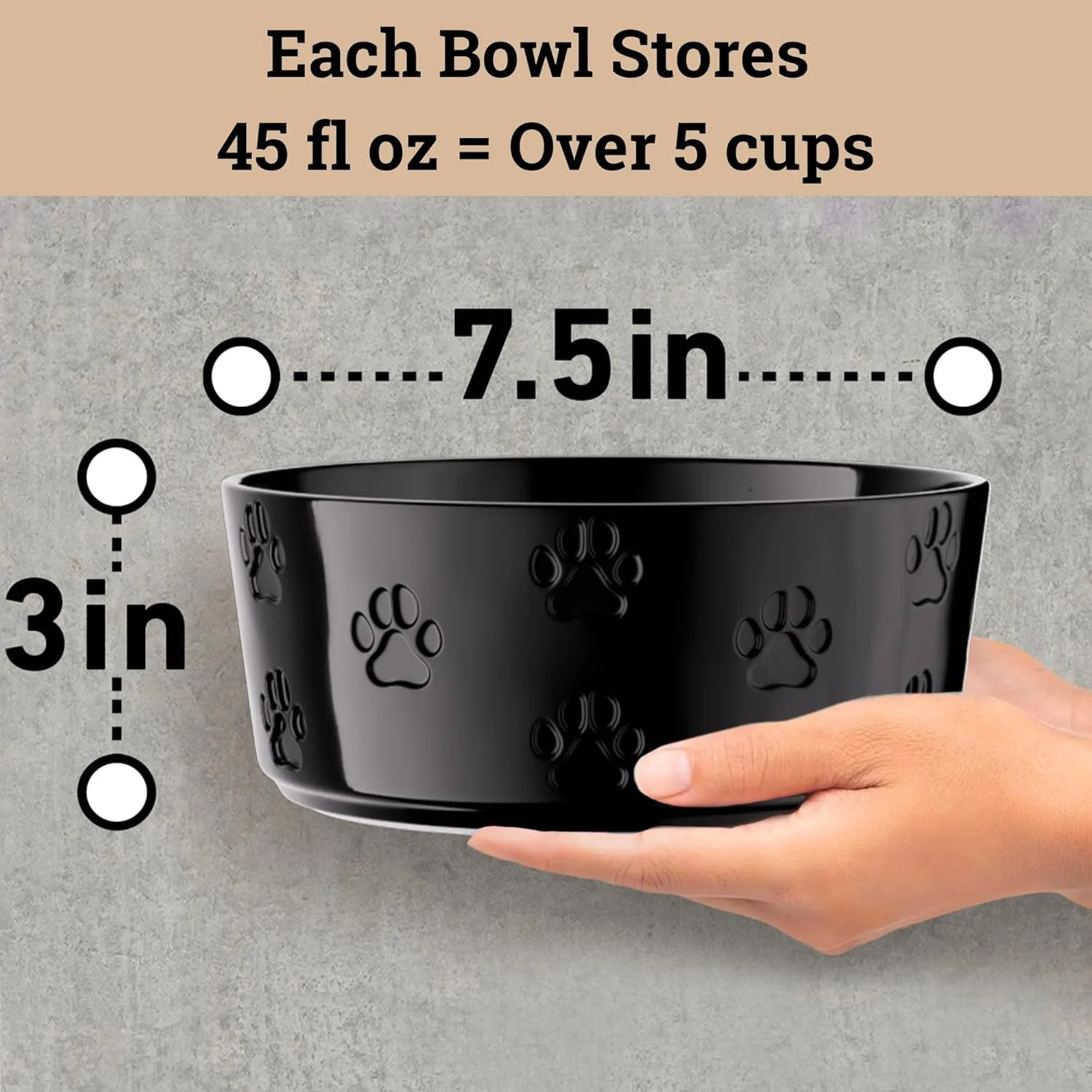 Ceramic Dog Bowl Set of 2 with Anti-Skid Base - 7.5" Wide x 3" Tall Ceramic Dog Bowls for Large Dogs - 5 Cup Capacity Food and Water Bowls for Dogs - Rubber Bottom Pet Bowl Set of 2 for Large Pets