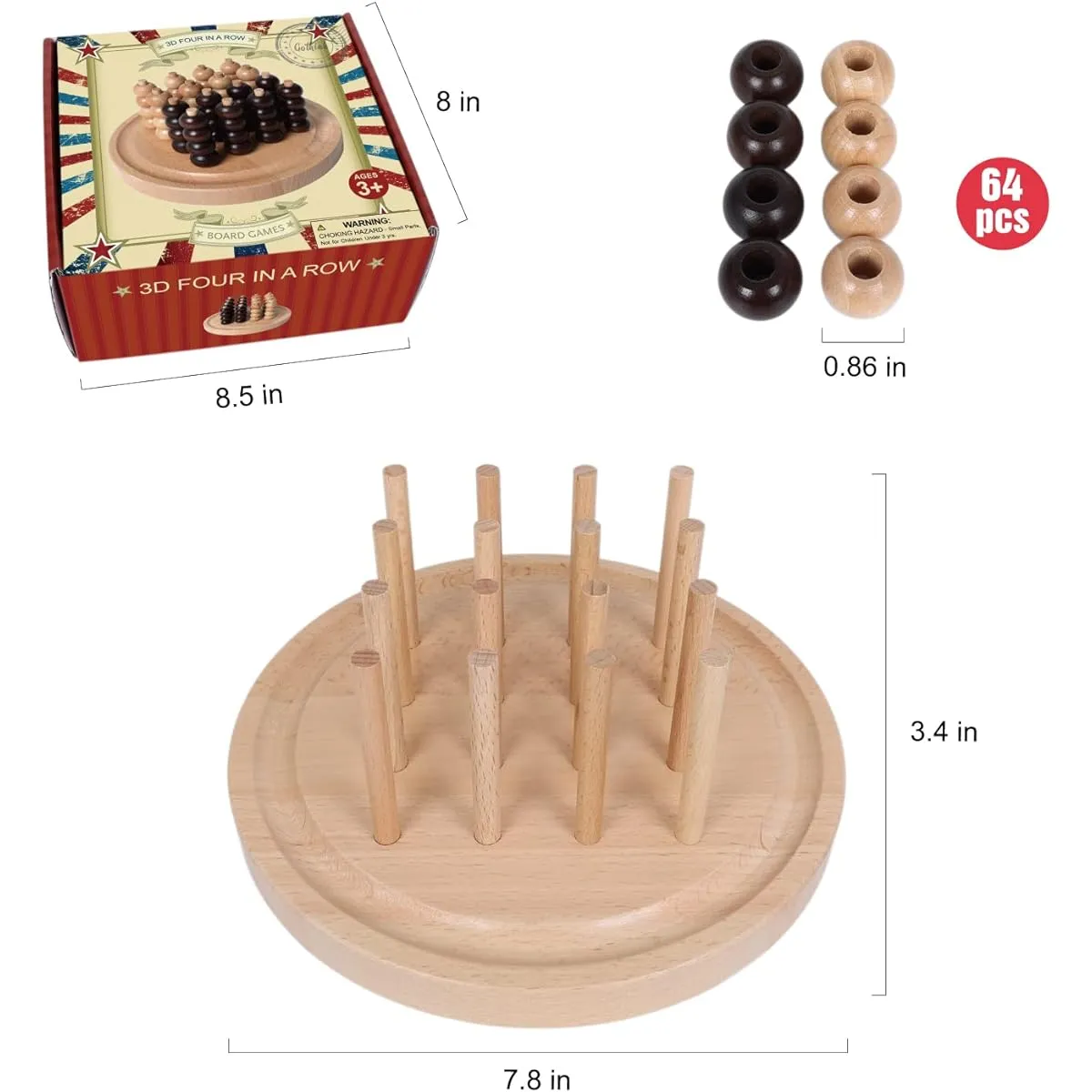 Challenge your mind with Gothink's 3D 4 Rows - Handcrafted Birch Wood Board Game for 2 Players, Perfect for Kids and Adults
