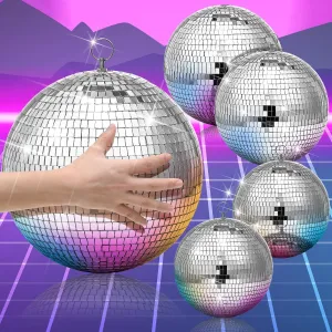 CHENGU 4 Pack Large Disco Ball Decor Silver Mirror Disco Themed Party Decorations Reflective Hanging Ornament for Wedding Ballroom Dance and Music Hall Festivals Club Stage Prom Props