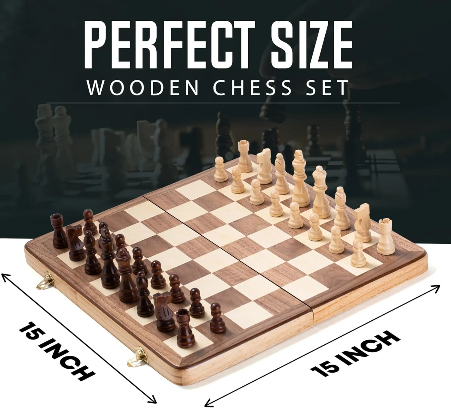 Chess Armory Wooden Chess Set 15 Inch - Classic Handcrafted Game Board for Adults and Kids with Extra Queen Pieces and Storage Box - Ideal for Home and Travel - Non-Magnetic