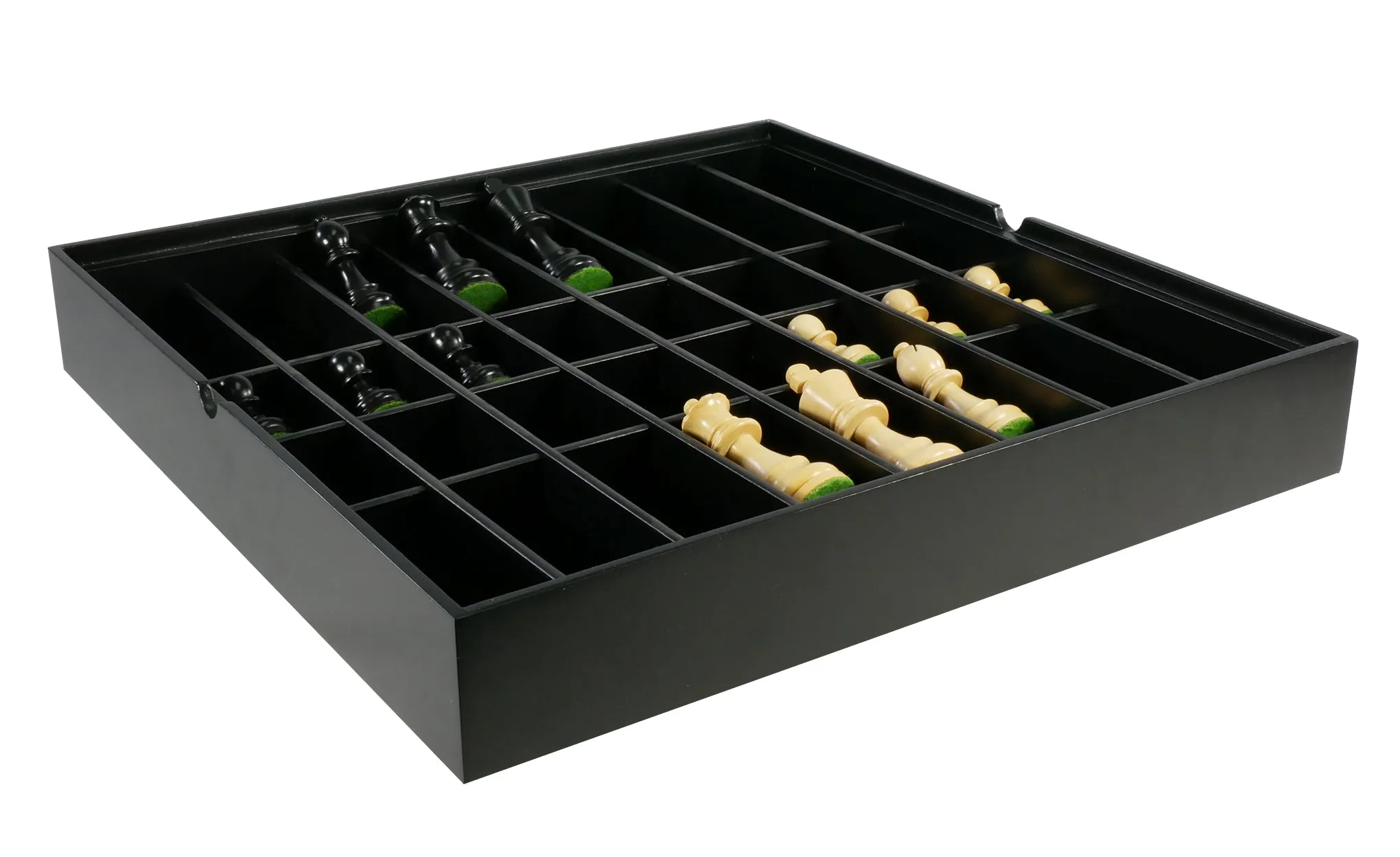 Chess Set - Black French Chessmen on Black/Maple Chest