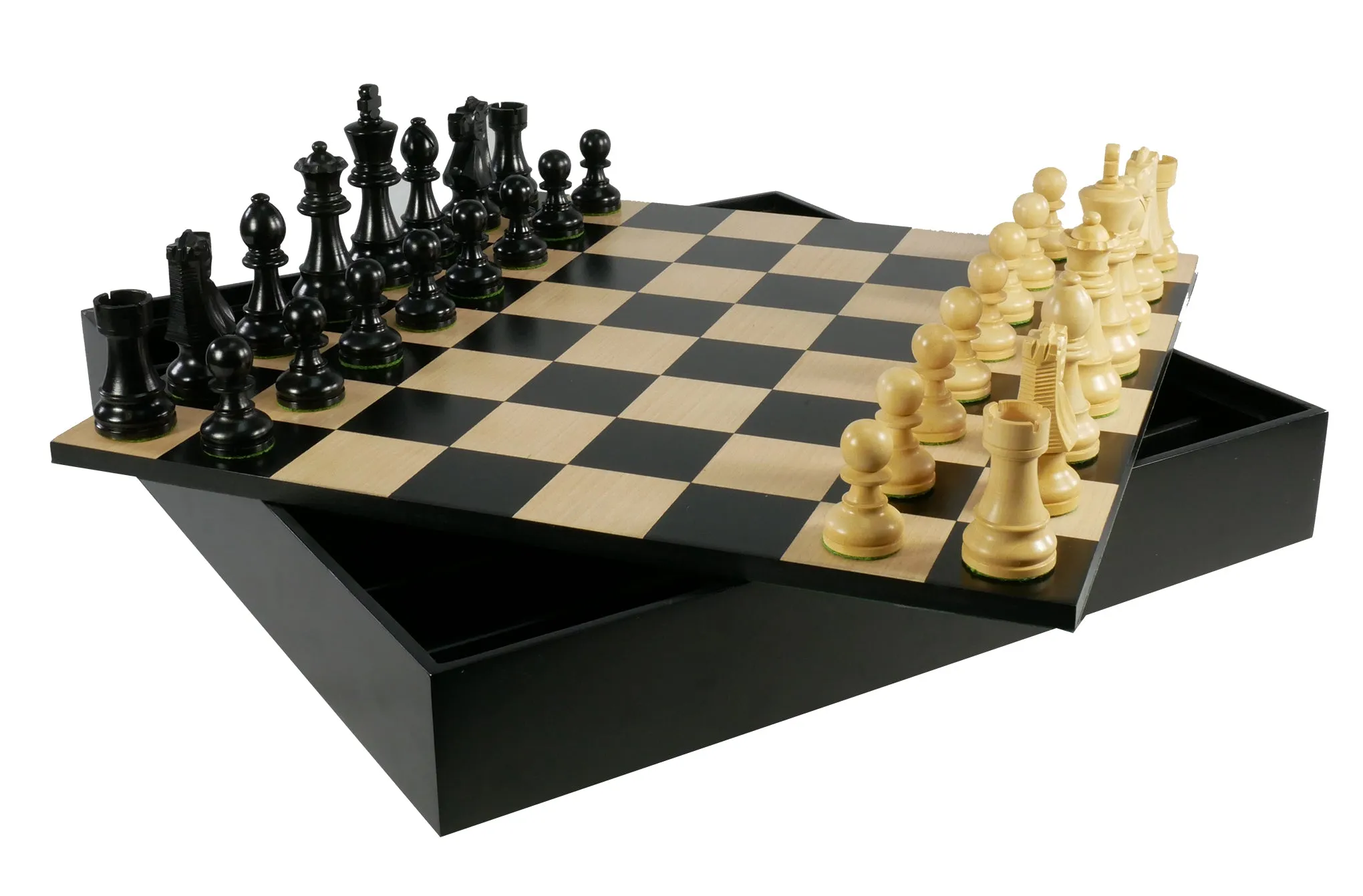 Chess Set - Black French Chessmen on Black/Maple Chest