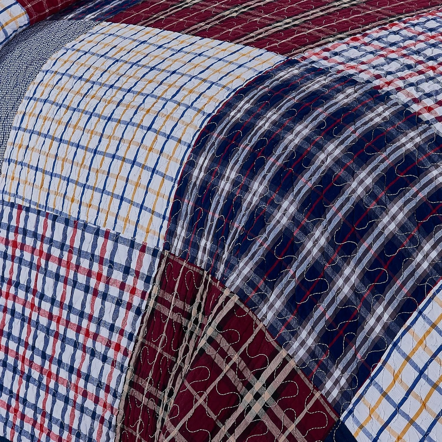 Chezmoi Collection Grizzly 3-Piece Plaid Checkered Patchwork Quilted 100% Washed Cotton Reversible Bedspread Quilt Set, Queen