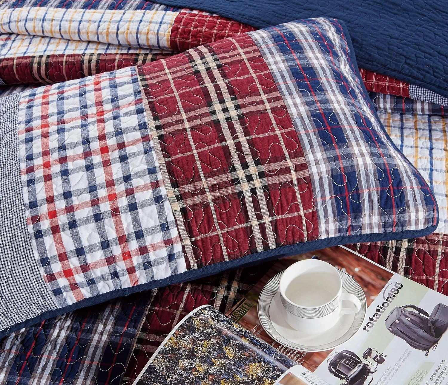 Chezmoi Collection Grizzly 3-Piece Plaid Checkered Patchwork Quilted 100% Washed Cotton Reversible Bedspread Quilt Set, Queen