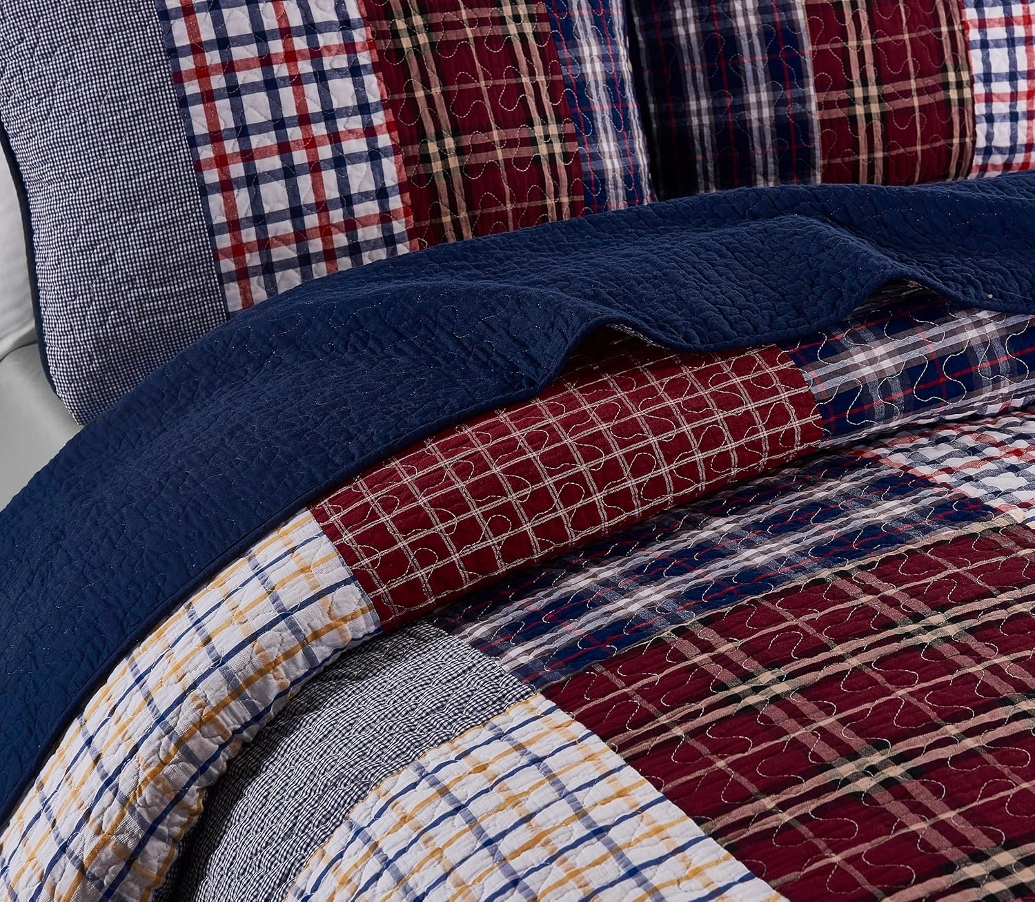 Chezmoi Collection Grizzly 3-Piece Plaid Checkered Patchwork Quilted 100% Washed Cotton Reversible Bedspread Quilt Set, Queen