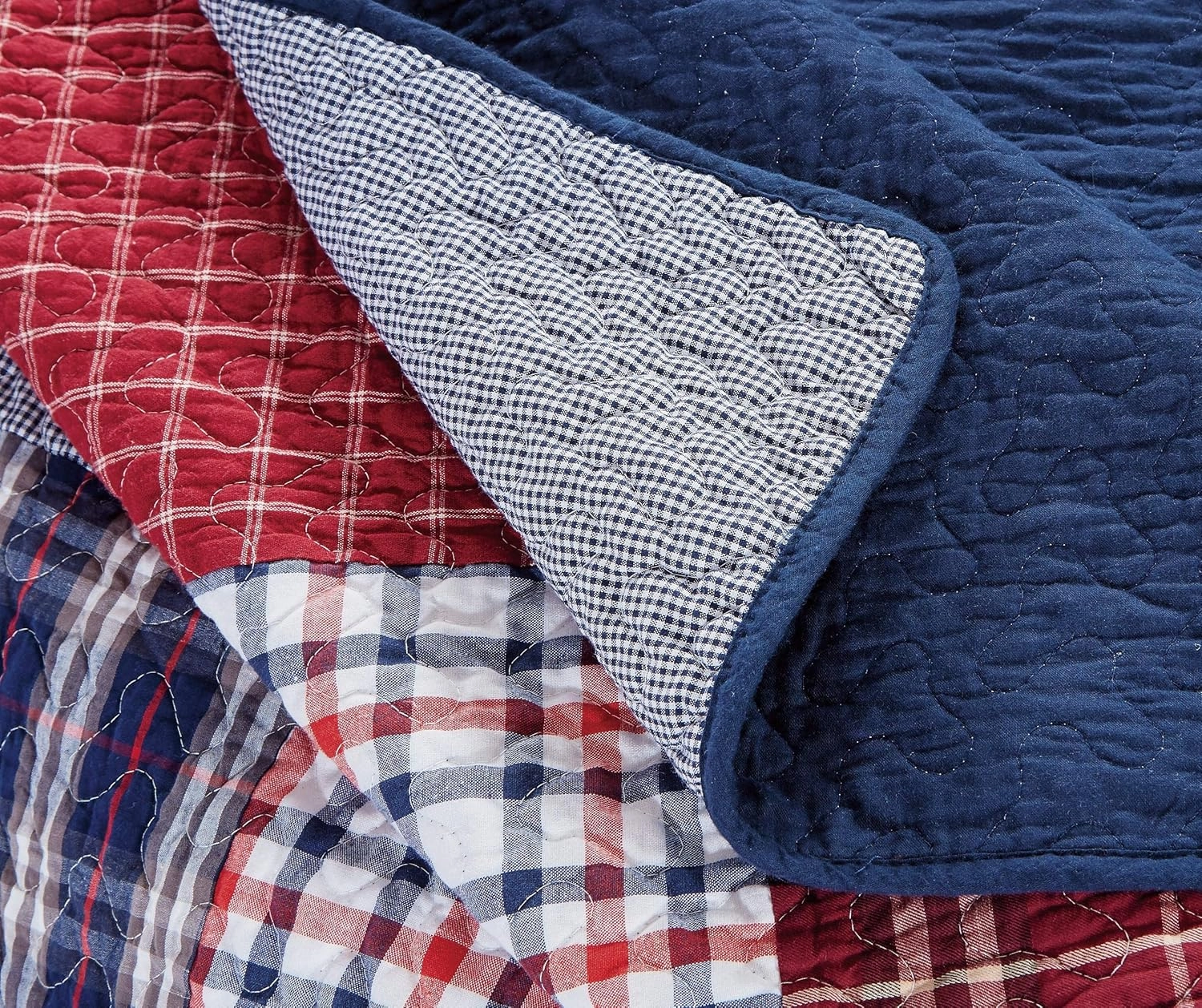 Chezmoi Collection Grizzly 3-Piece Plaid Checkered Patchwork Quilted 100% Washed Cotton Reversible Bedspread Quilt Set, Queen