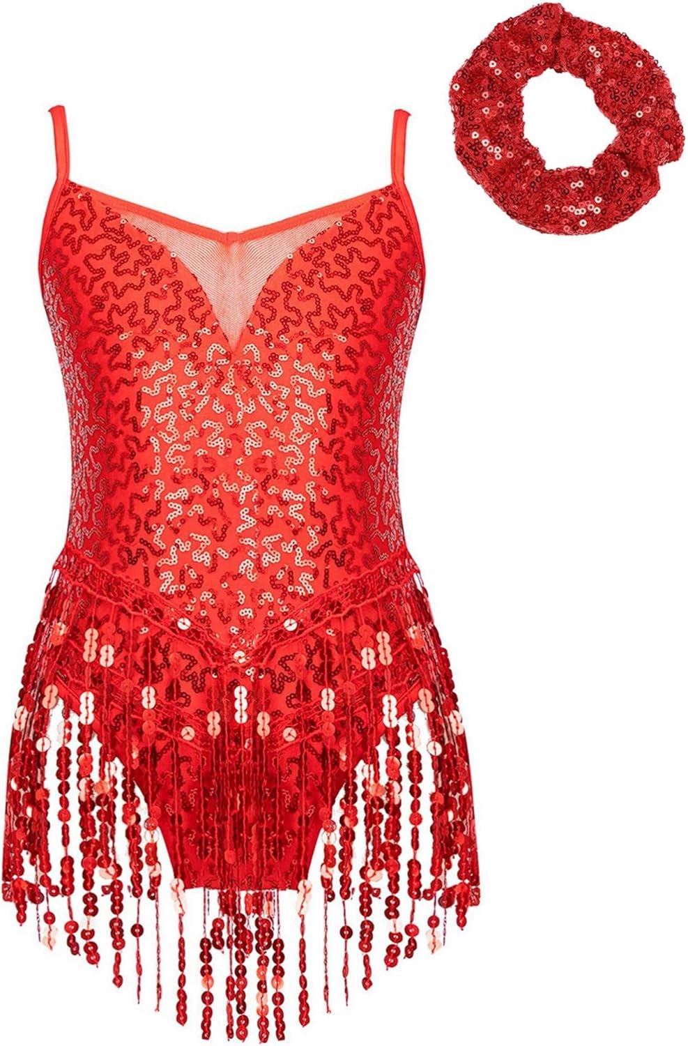 CHICTRY Girls Sequins Tassel Hem Latin Dance Dress Leotard Rumba Samba Salsa Jazz Dance Dresses with Hair Tie