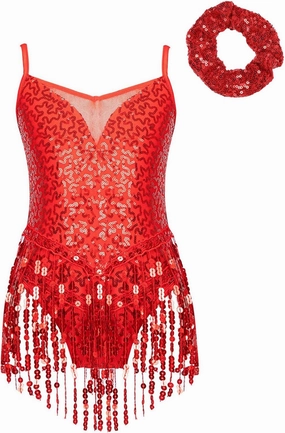 CHICTRY Girls Sequins Tassel Hem Latin Dance Dress Leotard Rumba Samba Salsa Jazz Dance Dresses with Hair Tie