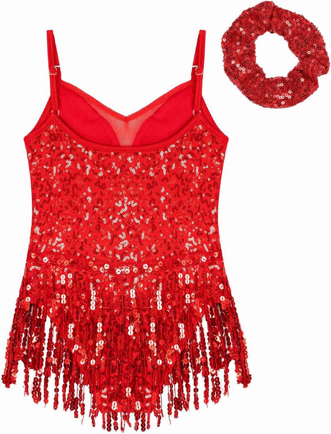 CHICTRY Girls Sequins Tassel Hem Latin Dance Dress Leotard Rumba Samba Salsa Jazz Dance Dresses with Hair Tie