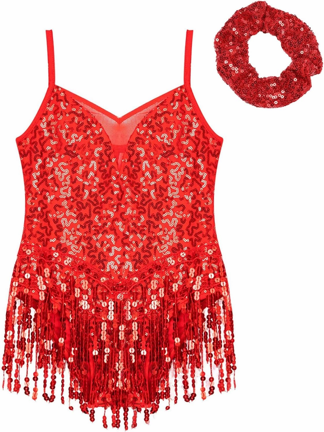 CHICTRY Girls Sequins Tassel Hem Latin Dance Dress Leotard Rumba Samba Salsa Jazz Dance Dresses with Hair Tie