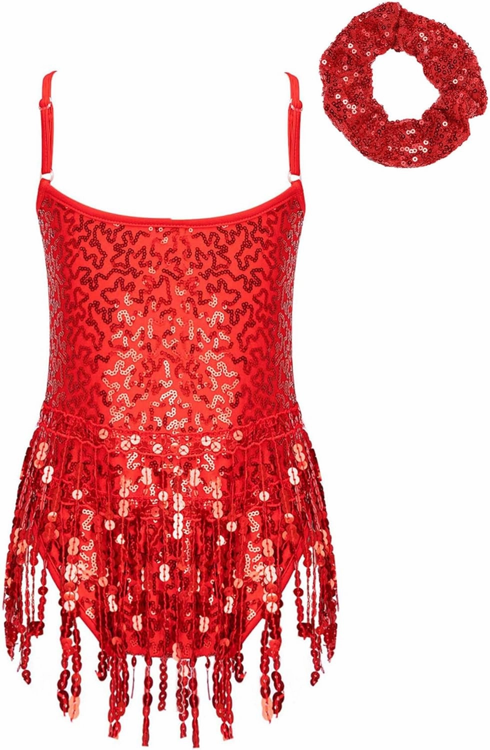 CHICTRY Girls Sequins Tassel Hem Latin Dance Dress Leotard Rumba Samba Salsa Jazz Dance Dresses with Hair Tie