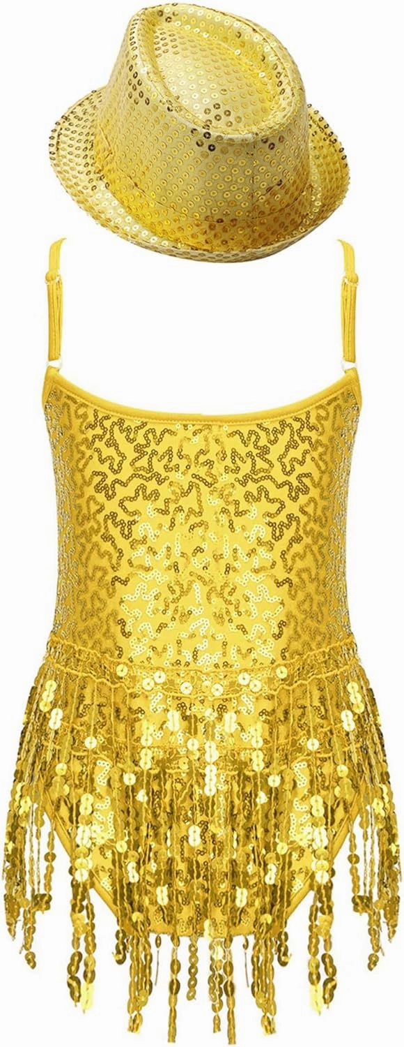 CHICTRY Girls Sequins Tassel Hem Latin Dance Dress Leotard Rumba Samba Salsa Jazz Dance Dresses with Hat