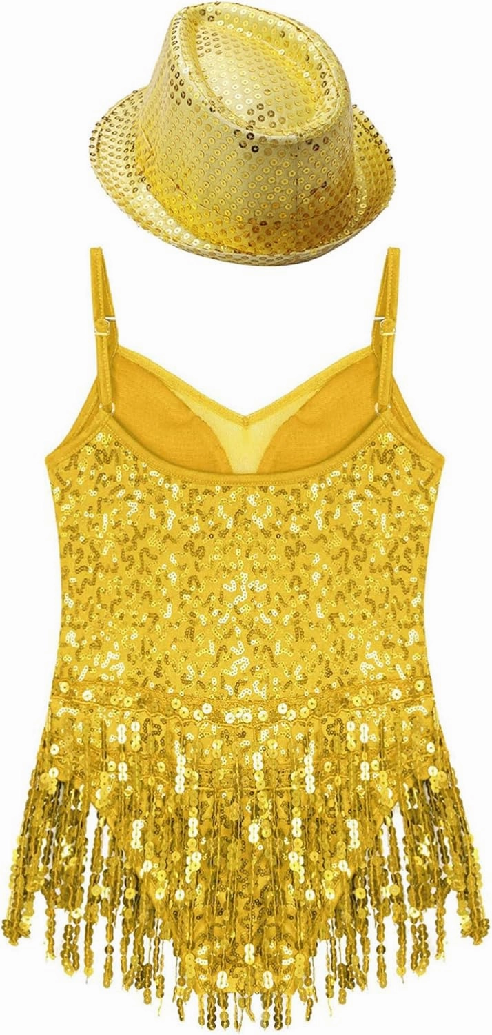 CHICTRY Girls Sequins Tassel Hem Latin Dance Dress Leotard Rumba Samba Salsa Jazz Dance Dresses with Hat
