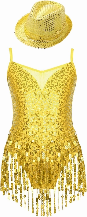 CHICTRY Girls Sequins Tassel Hem Latin Dance Dress Leotard Rumba Samba Salsa Jazz Dance Dresses with Hat