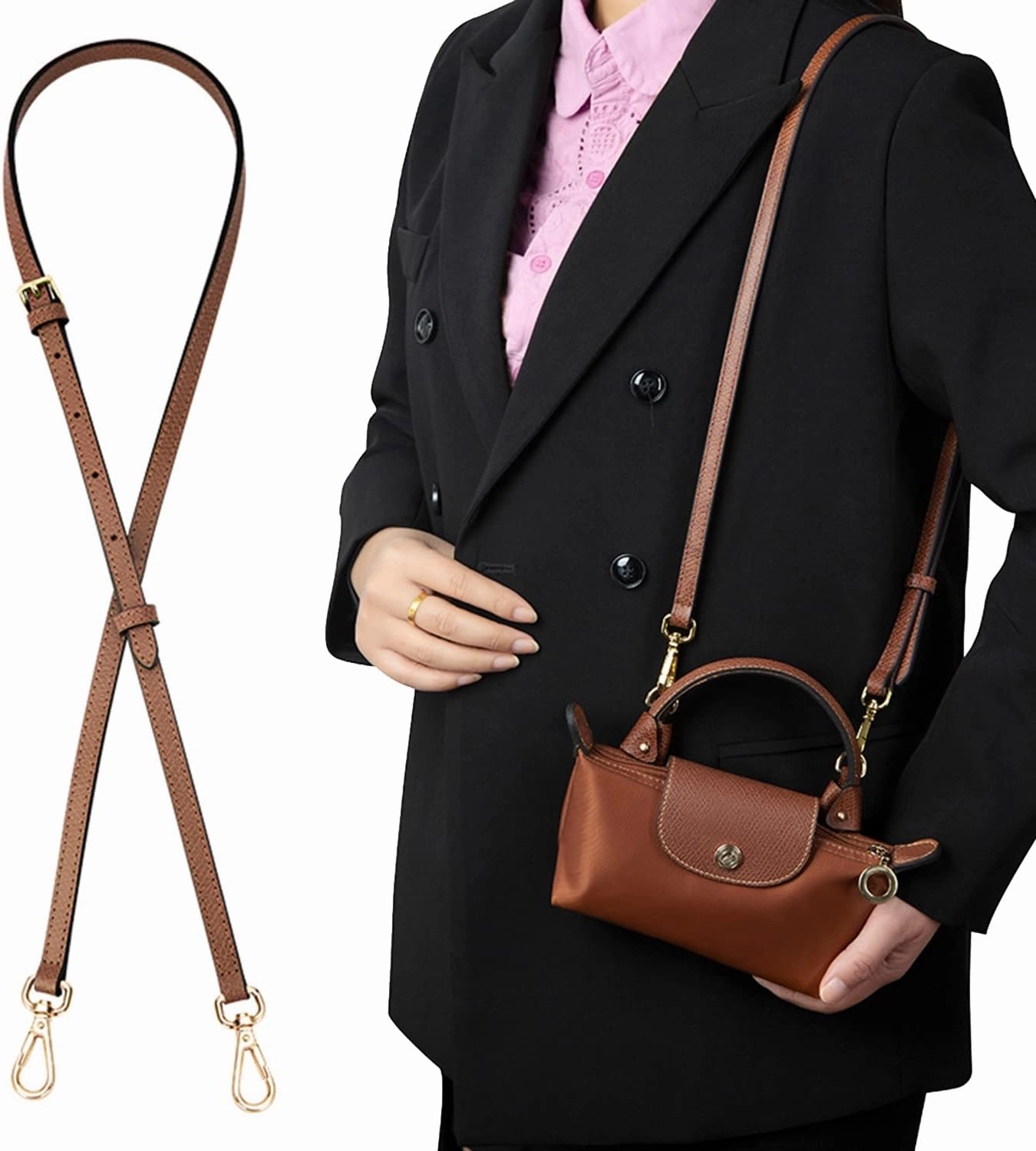 Chispee Leather Straps Replacement Crossbody Purse Shoulder Strap Fit for longchamp mini Bag (Brown Silver)