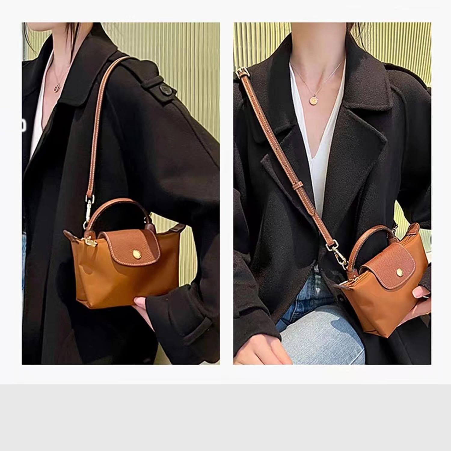 Chispee Leather Straps Replacement Crossbody Purse Shoulder Strap Fit for longchamp mini Bag (Brown Silver)