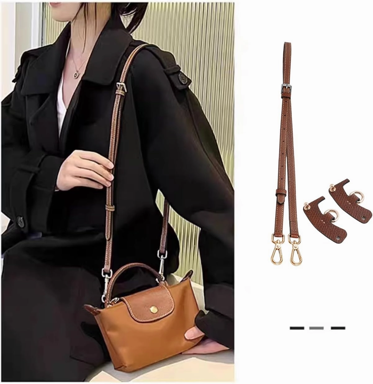 Chispee Leather Straps Replacement Crossbody Purse Shoulder Strap Fit for longchamp mini Bag (Brown Silver)