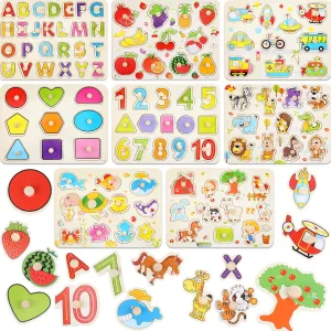 Chivao 8 Set Wooden Peg Puzzles for Toddlers 2-4 Years Alphabet Number Animal Vehicles Puzzles Board for Kids Educational Learning Toys for Children Babies Boys Girls(Lovely)