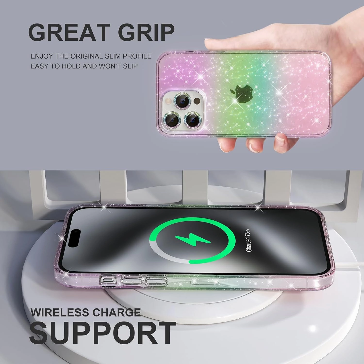 Choiche Compatible for iPhone 15 Pro Max Case, Women Cute Clear Glitter Bling Sparkly Case, [3 x Diamond Camera Lens Protectors] [2 x Tempered Glass Screen Protectors] 6.7-inch (Glitter Colorful)