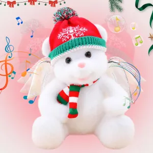 Christmas Toys Angel Teddy Bear With Santa Claus Hat Scarf With Box Playing Xmas Song WE WISH MERRY CHRISTMAS Singing Dancing Flapping Wings Interactive Plush Toy For Kids Adults Xmas Decoration 12”