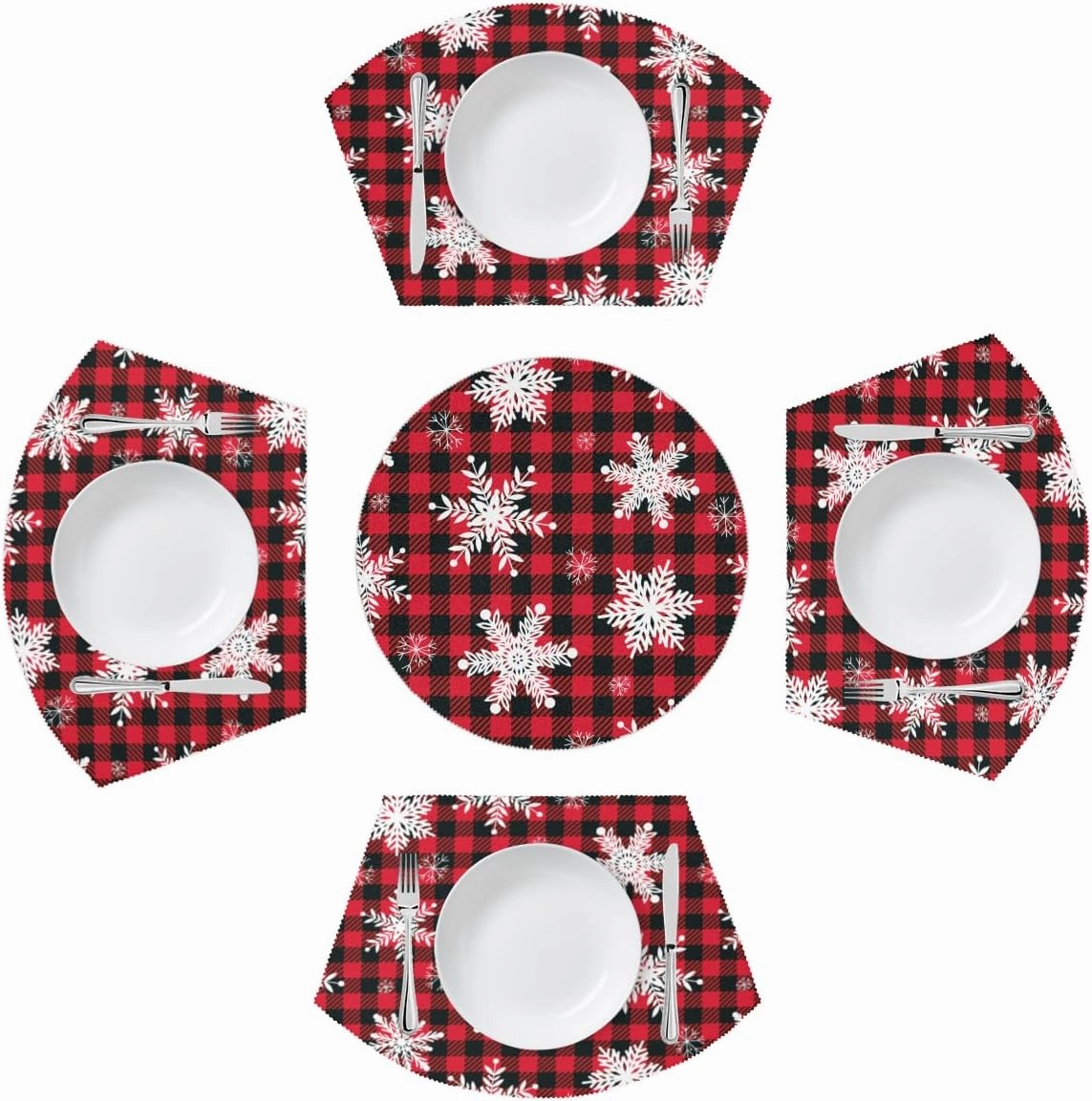 Christmas Round Table Placemats Set of 5, Buffalo Plaid Snowflake Wedge Placemats with Centerpiece Round Mat, Heat Resistant Non Slip Table Mats for Kitchen Dining Table