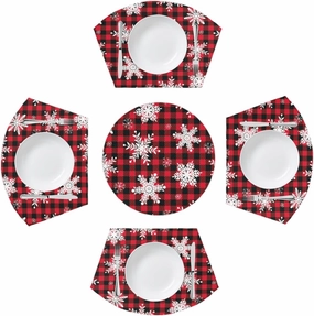 Christmas Round Table Placemats Set of 5, Buffalo Plaid Snowflake Wedge Placemats with Centerpiece Round Mat, Heat Resistant Non Slip Table Mats for Kitchen Dining Table
