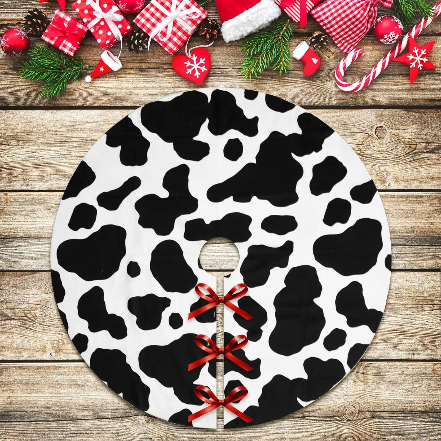 Christmas Tree Skirt, 36 Inch Cows Print Tree Skirts Decorations for Holiday Party Supplies, Nightmare Before Christmas Tree Skirt