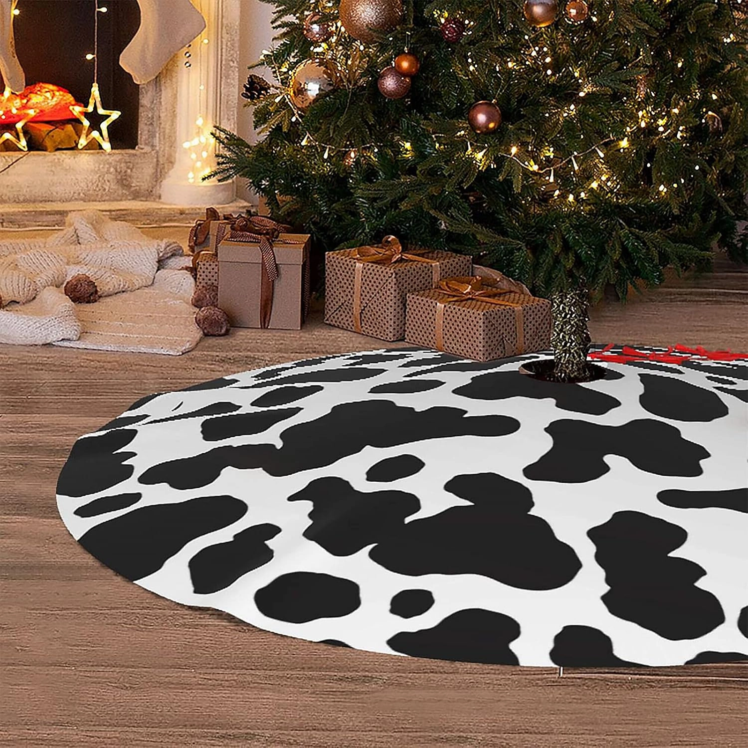 Christmas Tree Skirt, 36 Inch Cows Print Tree Skirts Decorations for Holiday Party Supplies, Nightmare Before Christmas Tree Skirt