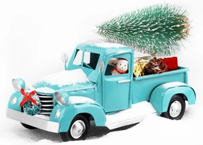 Christmas Vintage Blue Truck Decor, Farmhouse Turquoise Metal Truck Car with Mini Christmas Trees Ornaments and Mini Boxes Ornaments, Decorative Truck Planter for Christmas Table Decoration