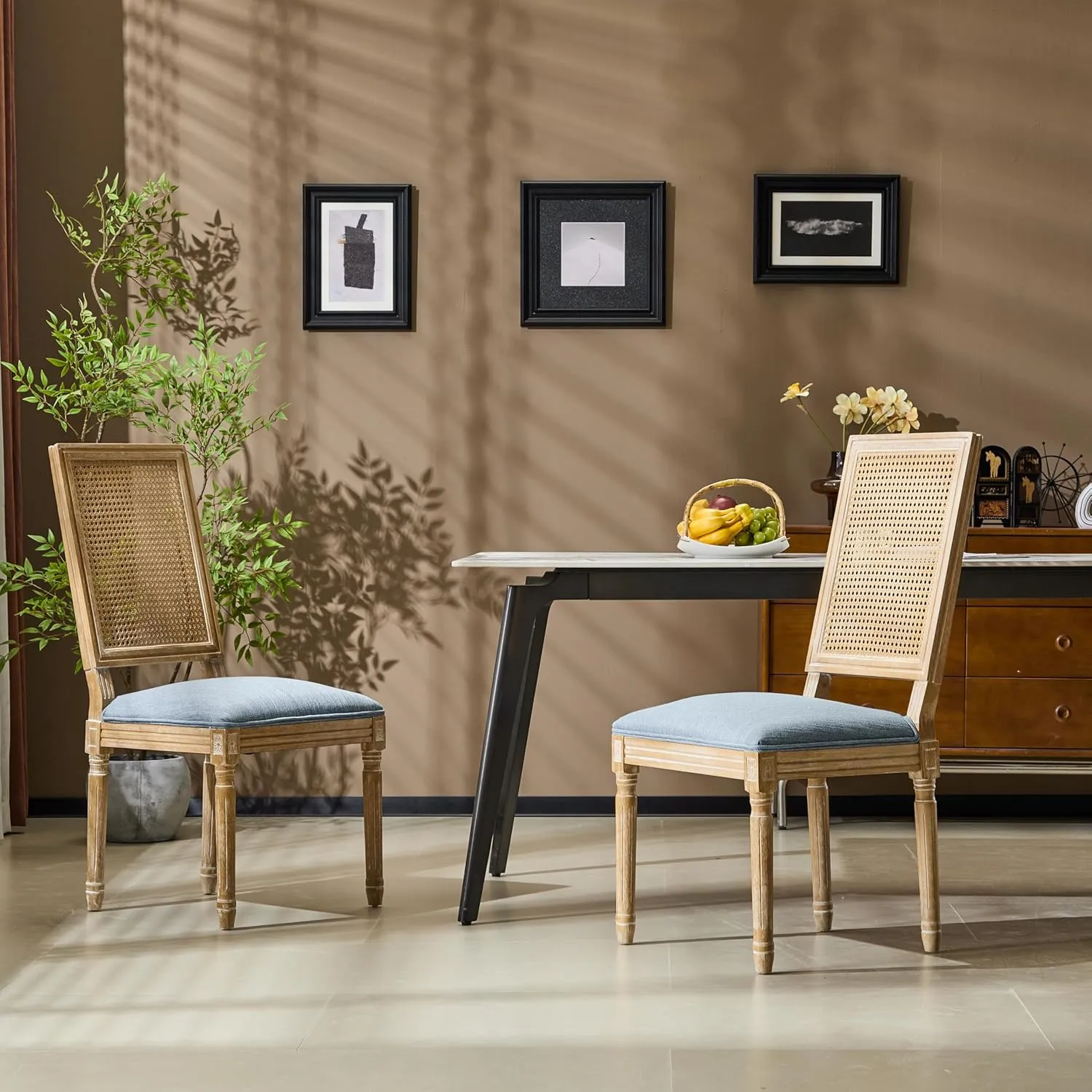 Christopher Knight Home Set of 2 Powell French Country Indoor Dining Chairs, Wooden Dining Room Chair with Cane Backrest, High Back Kitchen Seat, Fabric Upholstered Armless Chair, Slate Blue